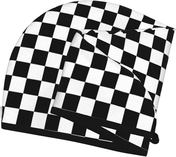 Black and White Checkerboard Hair Towel Wrap Microfiber Fast Drying Hair Turban with Buttons for Women Men Drying Curly, Long & Thick Hair