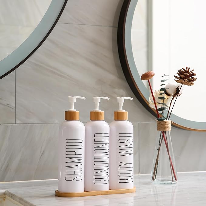 Prus Waso Shampoo and Conditioner Dispenser, Contains Shampoo Conditioner Body Wash Dispenser. Shower Soap Dispenser with Bamboo Pumps & Tray, Perfect for Modern Bathroom Decor. (White)