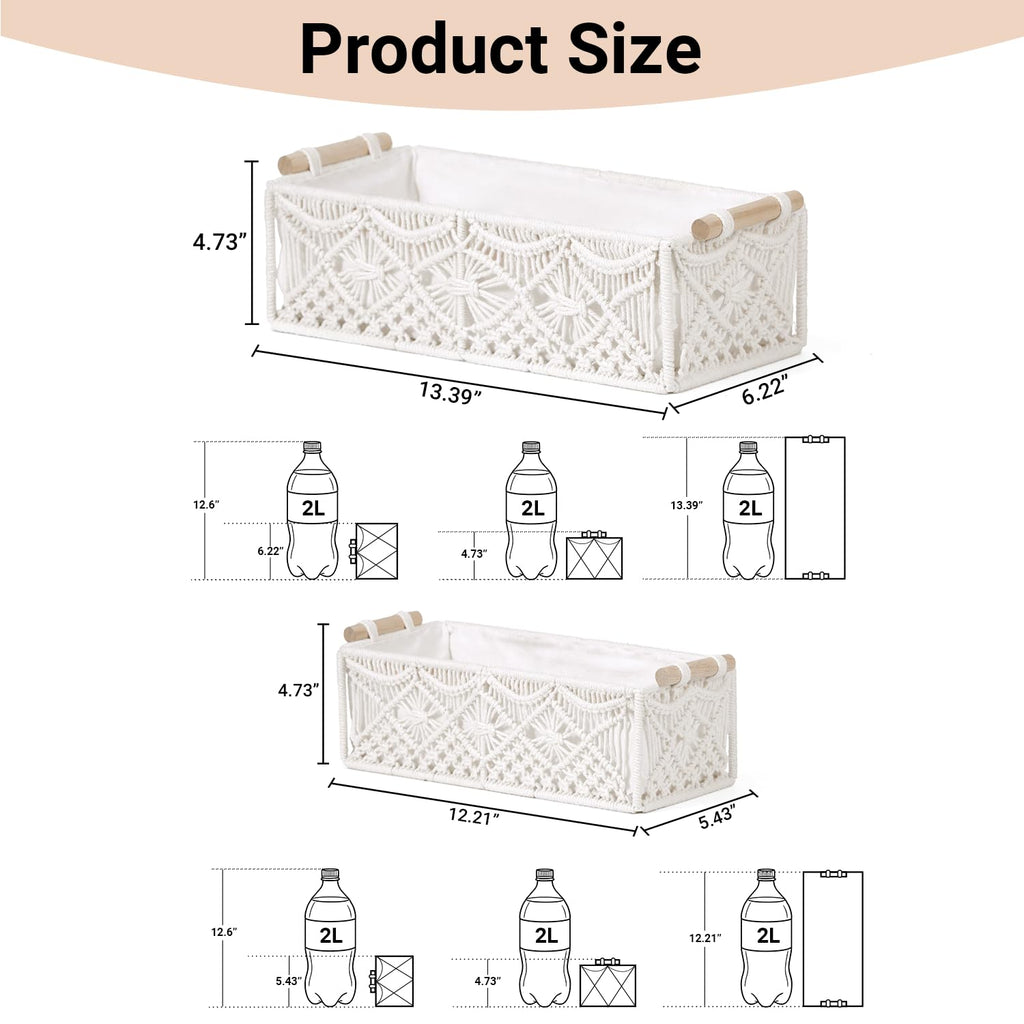 Nonam 2pc Macrame Storage Baskets, Boho Woven Boxes for Home, Weave White