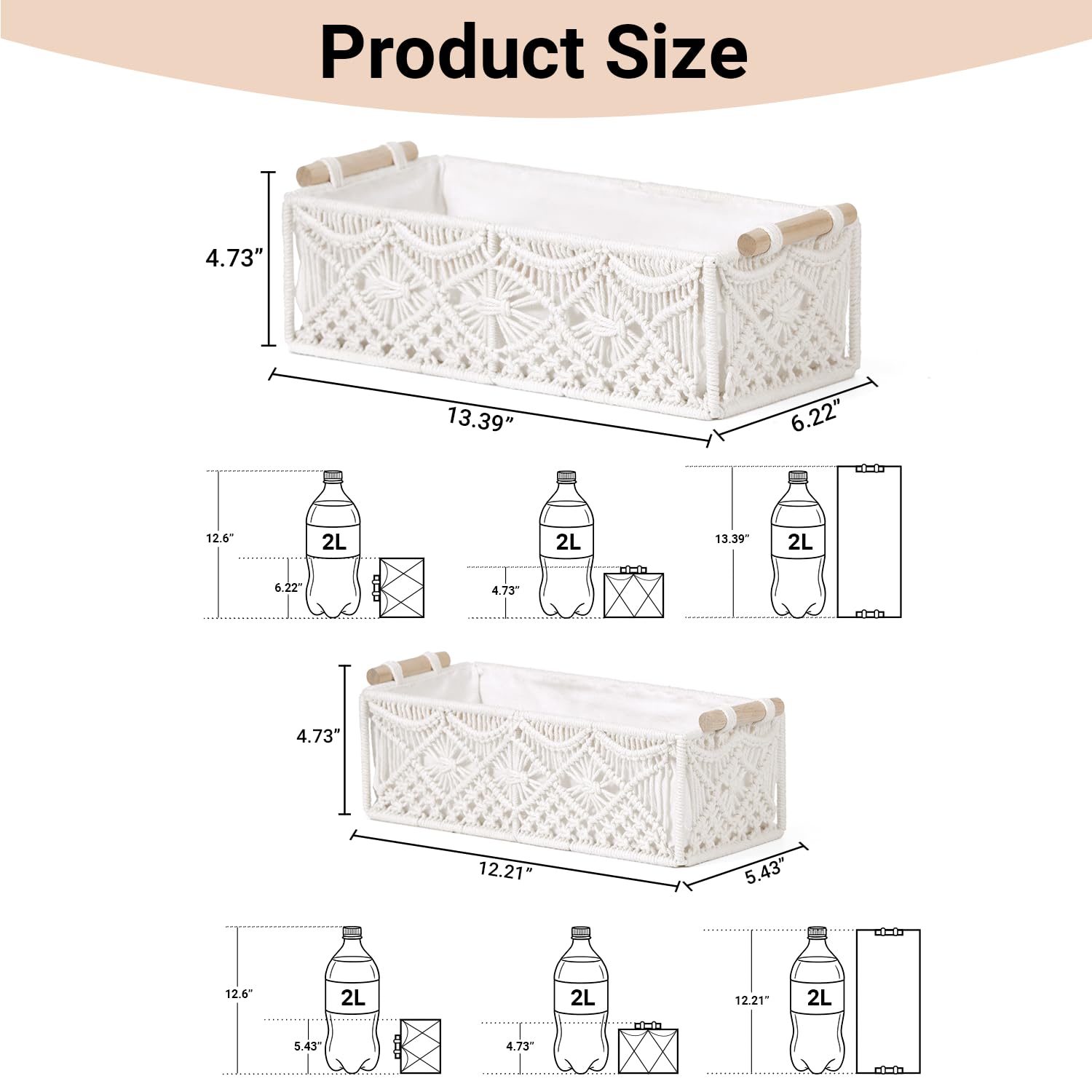 Nonam 2pc Macrame Storage Baskets, Boho Woven Boxes for Home, Weave White