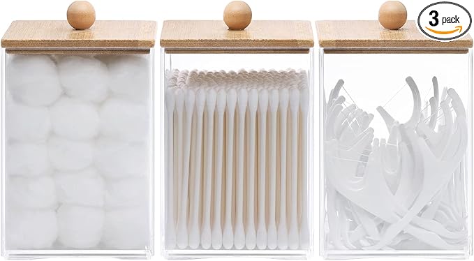Tbestmax 3 Pack Square Qtip Holder - 12 oz Bathroom Organizers and Storage Containers, Plastic Apothecary Jars with Bamboo Lids for Cotton Ball, Cotton Swab, Floss