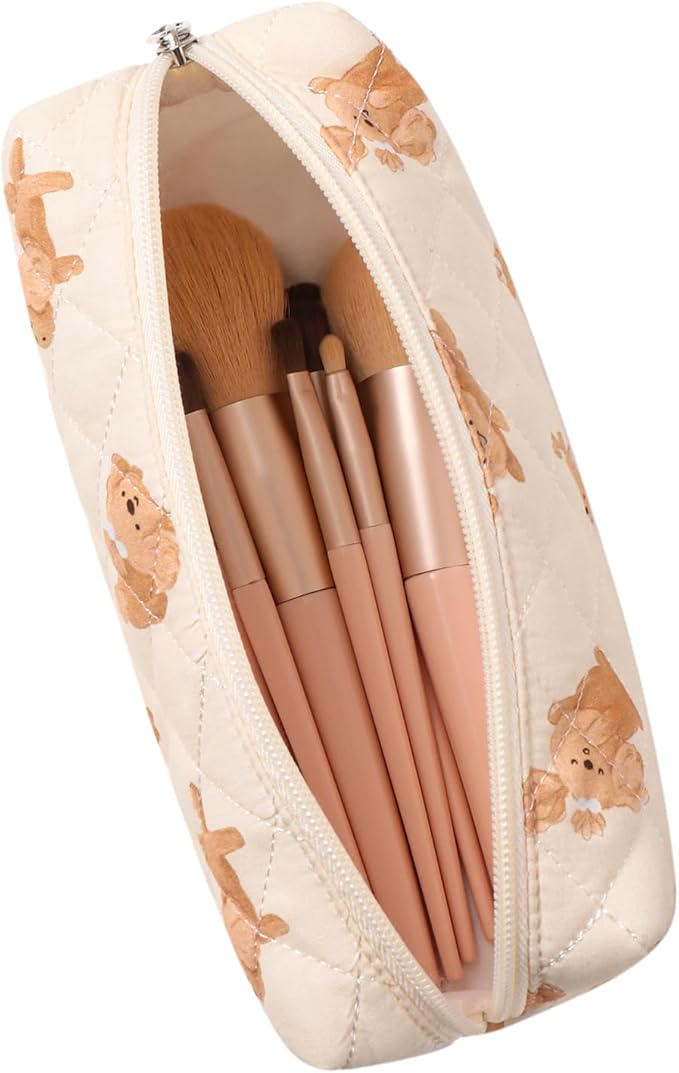 WHHJM Cute Floral Makeup Brush Bag Small Cotton Quilted Cosmetic Bag for Women Travel Toiletry Zipper Make Up Pouch (Little dog)