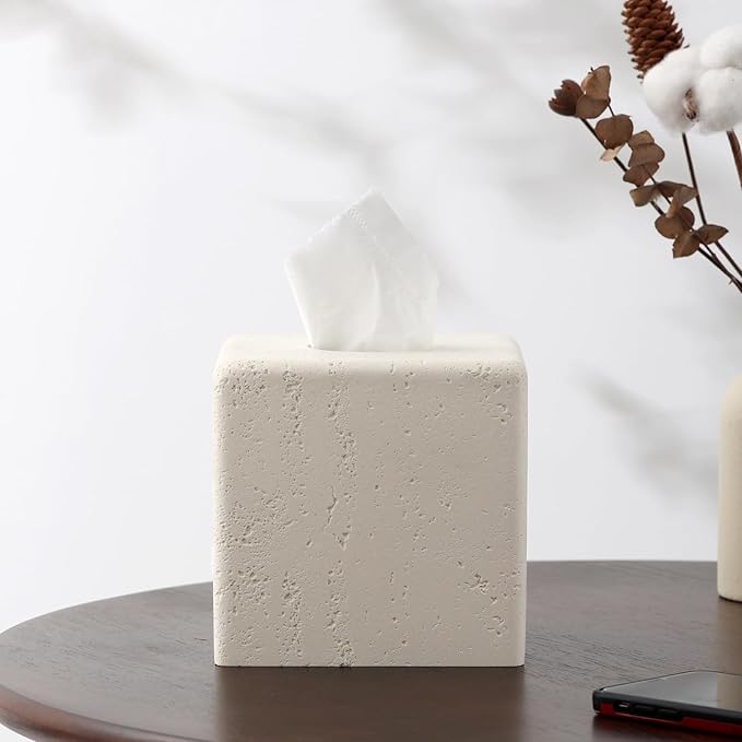 Haocoott Tissue Box Cover Square, Resin Facial Tissue Holder Covers Toilet Paper Holder Decorative Travertine Paper Dispenser Home Decor for Bathroom Bedroom Living Room Office (Off White)