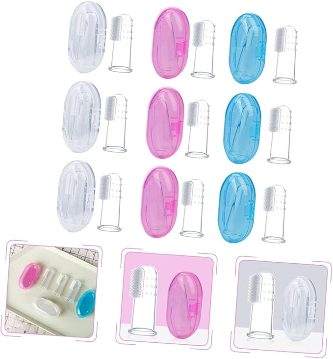 Mikinona 9Pcs Silicone Finger Toothbrush with Storage Box Dual Sided Oral Cleaning Brush for Years Teeth Cleaner Gum Massager Transparent Blue Pink Colors