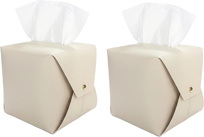 Frayot 2Pack Tissue Box Cover Square, Faux Leather Tissue Holder Organizer with Side Openings for Bathroom, Vanity, Tabletop, Office (Beige)