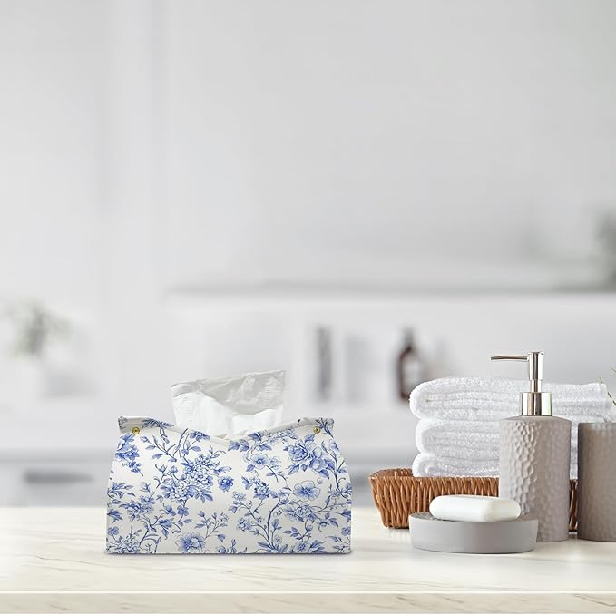 Light Blue Chinoiserie Tissue Box Cover Rectangle,Blue and White Floral Toilet Paper Box Holder,PU Leather Decorative Facial Paper Case for Bathroom Kitchen Office Desk,9.8x5.9x5.9