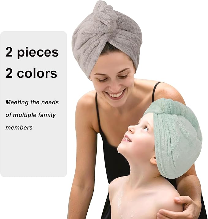 Microfiber Hair Drying Towel Wrap for Women, Hair Turbans Towel for Wet Hair,turbie Twist Hair Towels(The Color of the Picture is for Reference only) (Gray,Light Green)