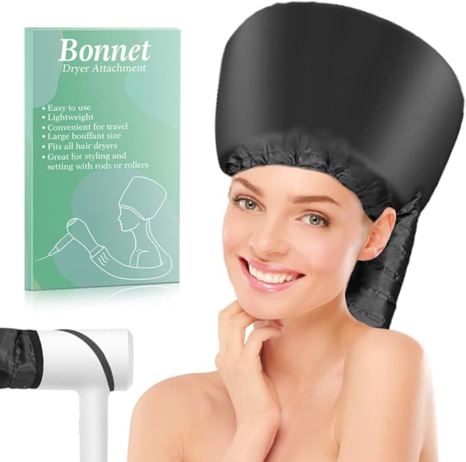 Hooded Hair Dryer Bonnet - Fast Drying for Natural Hair, Deep Conditioning & Curls - Adjustable, Even Heat, Portable Travel (Black)