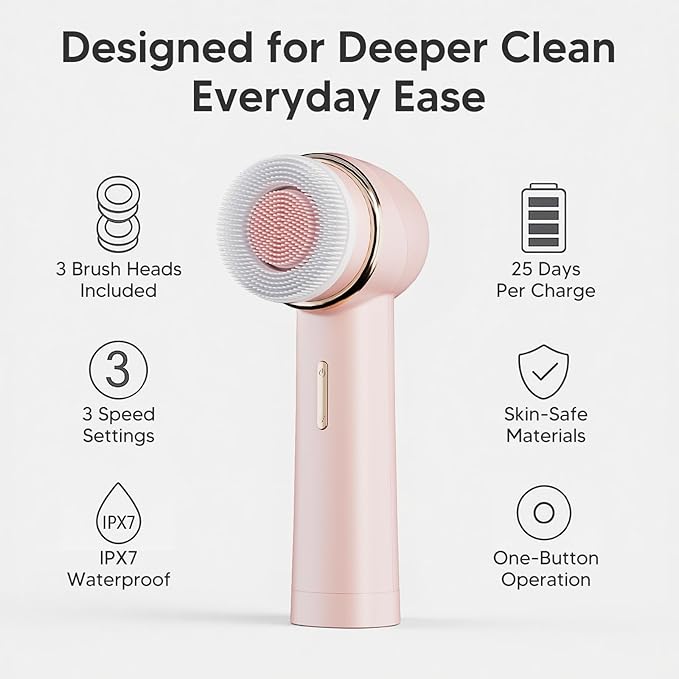 Teen Girls Electric Facial Cleansing Brush – Rechargeable Waterproof Dual Rotating Face Scrubber with 3 Interchangeable Heads, Soft Silicone Exfoliator, Perfect Skincare Gifts