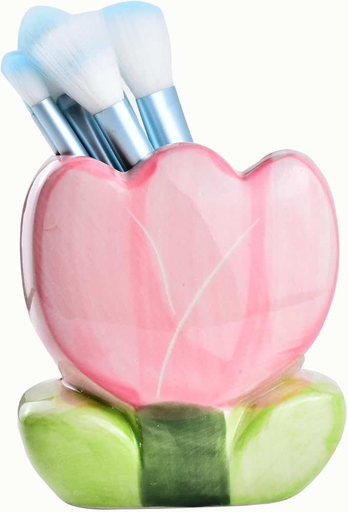 ESIW Ceramic Tulip Cosmetic Storage Box, Desktop Organizers Make Up Brush Storage Stand Desktop Storage Box for Brush,Pencil,Art Supplies, Painting Brush (Pink)