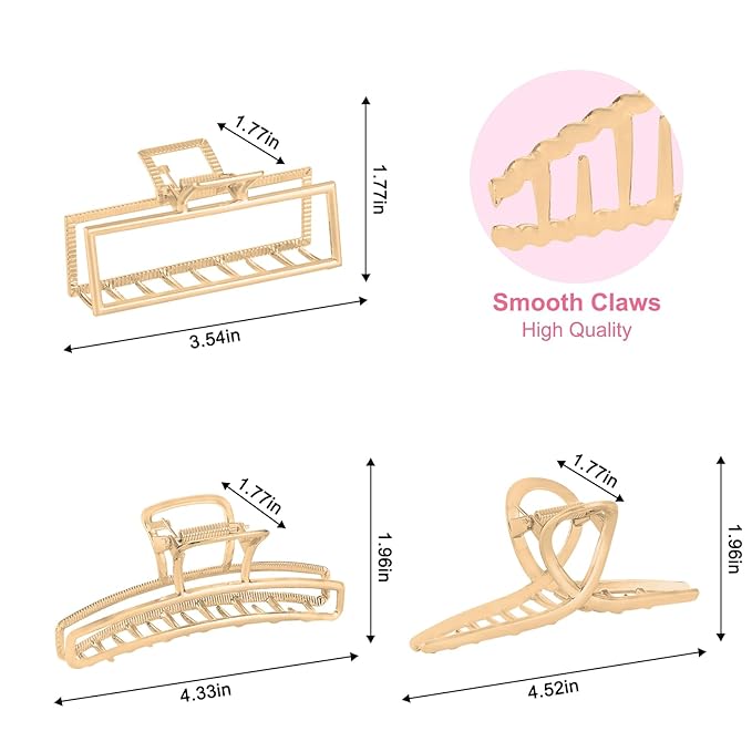 LUKACY 6 Pack Gold Metal Hair Clips - 4 Inch Large Jaw Clips for Women, Strong Hold Hair Claws for Thick or Thin Hair, Fashion Hair Accessories for Styling