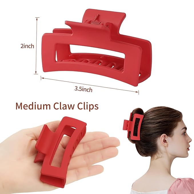 Sisiaipu 3.5 Inch Medium Hair Claw Clips 6 Pack Hair Clips for Women Square Rectangle Claw for Hair Banana Jaw Clips Hair Accessories for Girls -Red