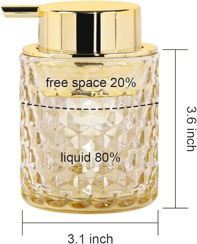 Fvstar 10 Oz Glass Hand Soap Dispenser with Pump, Refillable Bathroom Gold Foaming Soap Dispenser, Vintage Glass Diamond Lotion Container Bottle for Bathroom and Kitchen (1, Amber and Gold)