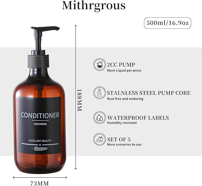 Mithrgrous 5Pack Amber Shower Bottles Refillable with Labels,16.9oz(500ml) Reusable Shampoo and Conditioner Bottles,Shampoo Dispenser Bottles