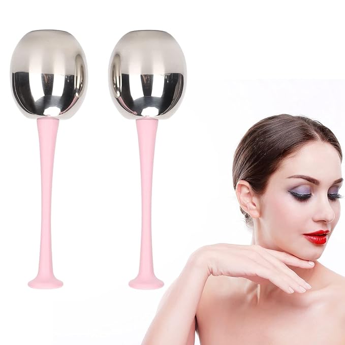 Facial Ice Globes for Face and Eyes, Stainless Steel Ice Roller Facial Massage Tool for Puffiness Dark Circles, Cooling Face Roller Skin Care Beauty Tools (Pink Handle)