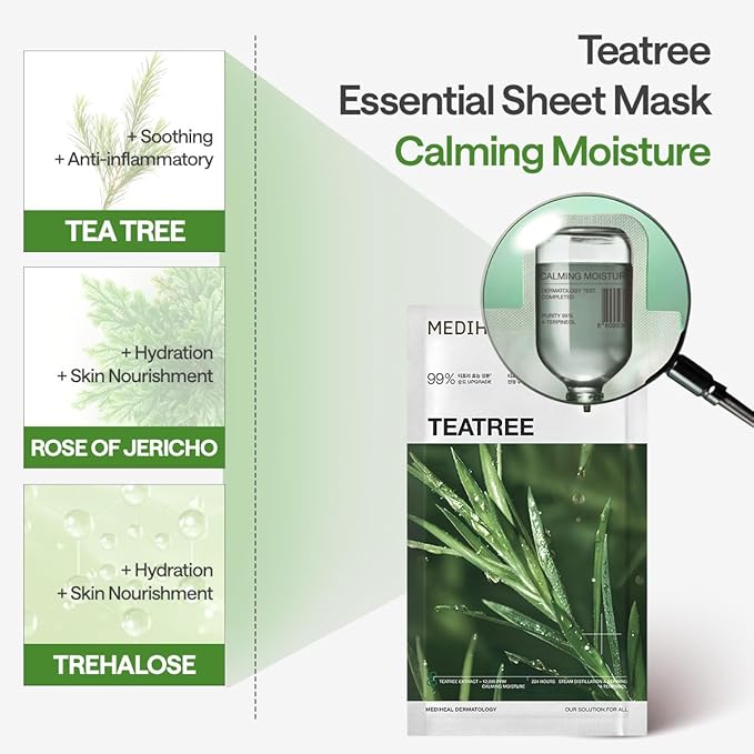 Mediheal Essential Face Mask [Teatree] Calming Moisutre 10 pcs. with 99% Purity Teatree for Intensive Soothing, Deep Hydration - suitable for acne-prone skin - Vegan Formula Korean Sheet Mask