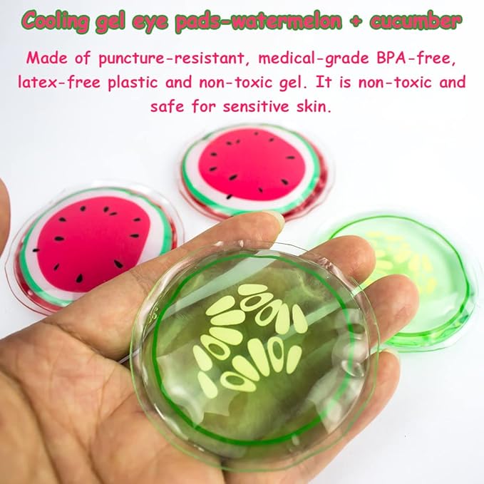 CONBELLA Hot and Cold Eye Pads, reusable eye patches - Soothing, Revitalizing, Puffiness, Refresh, Relieves Stress, Relax, Relieves Puffiness and Tension(2 watermelons + 2 cucumbers)