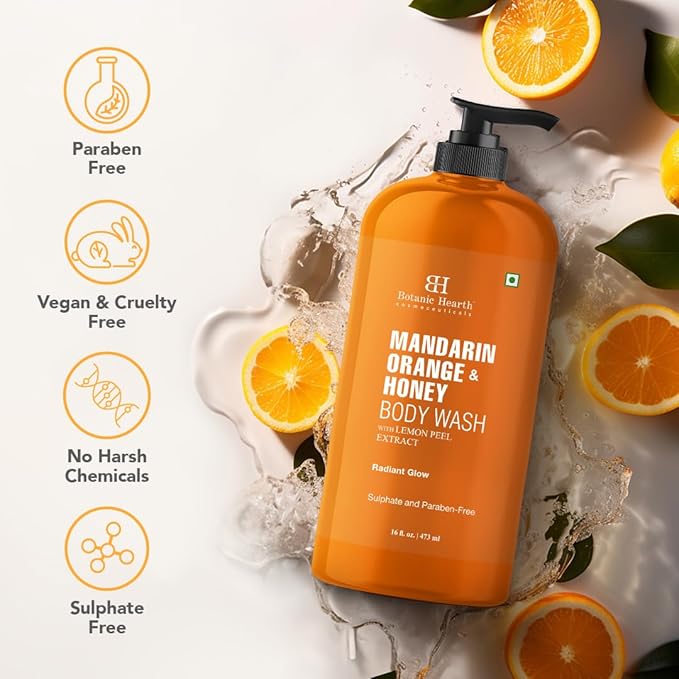 Botanic Hearth Mandarin Orange & Honey Body Wash – Refreshing Shower Gel with Lemon Peel Extract, Brightening & Hydrating Formula, Sulfate & Paraben Free – 16 fl oz