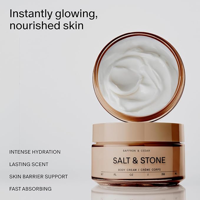 Salt & Stone Body Cream | Hydrating Formula with Seaweed Extracts, Spirulina & Squalane | Deep Hydration, Skin Barrier Support & Healthy Glow | For all Skin Types | Saffron & Cedar 6.7 fl oz