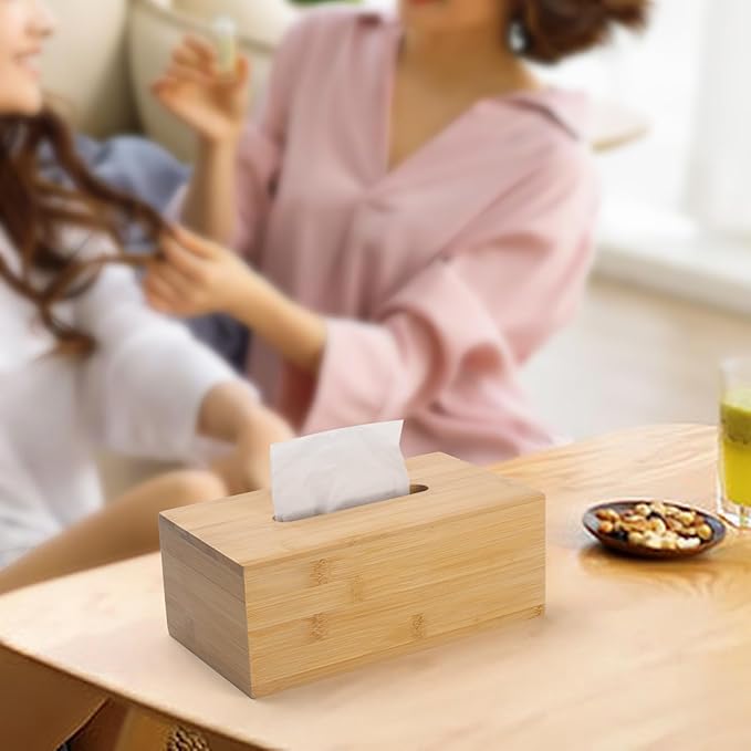 Tissue Box Cover, Rectangular Tissue Box Holder, Bamboo Facial Paper Holder for Bathroom, Bedroom, Dinner Table, Office (2 Pack, 9.8 x 5.5 x 3.7 inch)