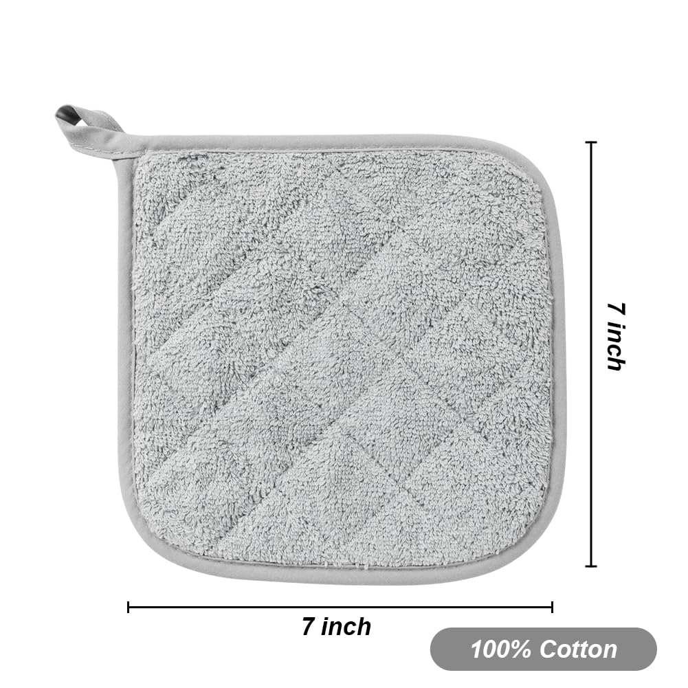 meioro 4-Pack Pot Holders for Kitchen High Heat Resistant Potholder, 100% Cotton Hot Pads, Quilted Terry Hot Pot Holder Set for Kitchens, Washable Trivet for Cooking and Baking 7x7 Inches (Dark Grey)