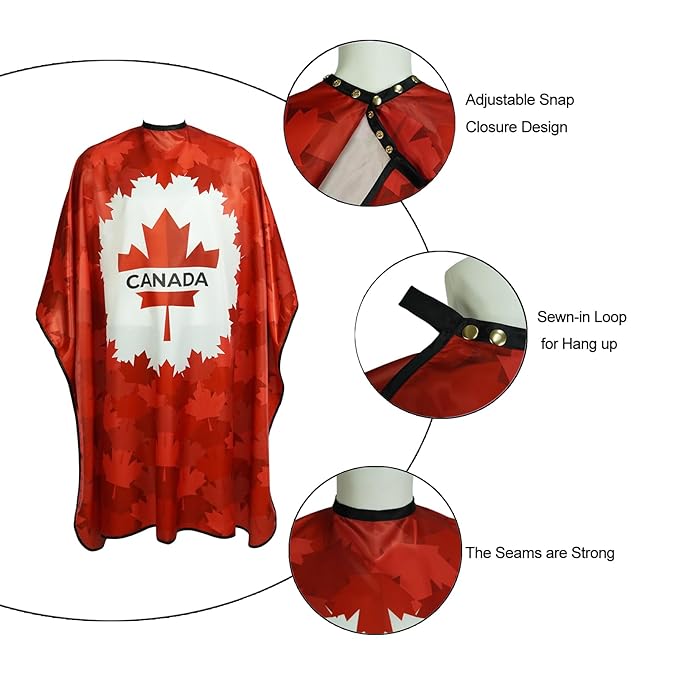 Professional Barber Cape for Men with Copper Snaps Haircut Salon Capes for Hairstylists Water-Resistant Hairdresser Gown, 63"×56" (Canadian Flag)