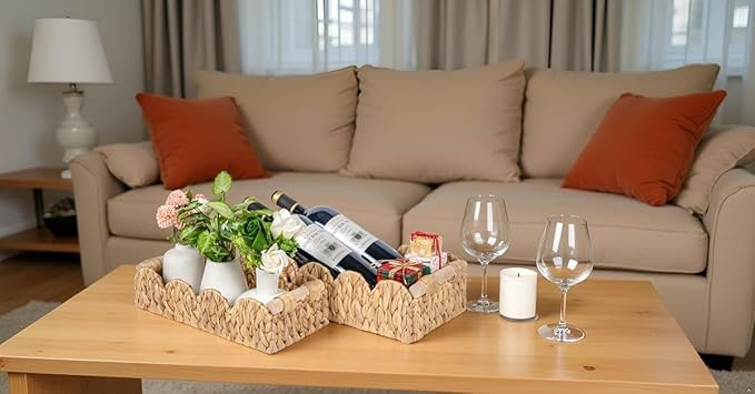 Decorative Toilet Paper Storage Basket, Modern Farmhouse Home Decor Scalloped Basket for Organizing, Pantry Baskets for Shelves, Countertop, Living Room, w/Wood Handles, Natural, 2 Sizes