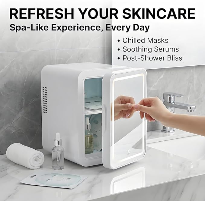 Lispin Mini Fridge for Bedroom, 4L Skincare Fridge with Dimmable LED Light Mirror for Dorm & Office, Portable Cooler & Warmer Small Compact Refrigerator for Skincare, Makeup and Cosmetics