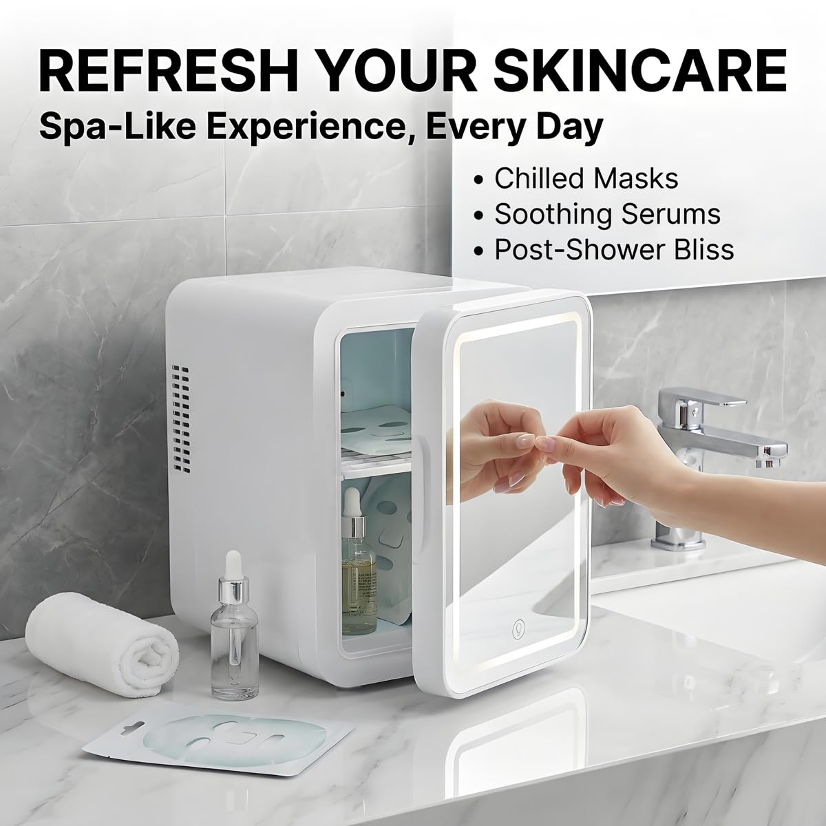 Lispin Mini Fridge for Bedroom, 4L Skincare Fridge with Dimmable LED Light Mirror for Dorm & Office, Portable Cooler & Warmer Small Compact Refrigerator for Skincare, Makeup and Cosmetics