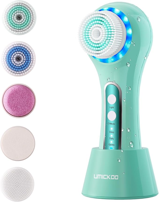 Electric Facial Cleansing Brush, 2-Way Rotating Face Scrubber for Daily & Deep Cleaning, 3 Modes, 5 Brush Heads, Rechargeable, IPX7 Waterproof for All Skin Types