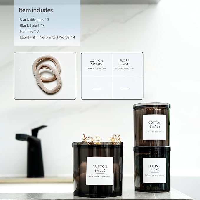 SheeChung 3-Pack Stackable Black Qtip Holder Set - (10/12/20oz) Mixed Sizes Apothecary Jars with Storage Lids - Modern Bathroom Vanity Organizer for Cotton Swabs, Balls, Pads - Translucent Black