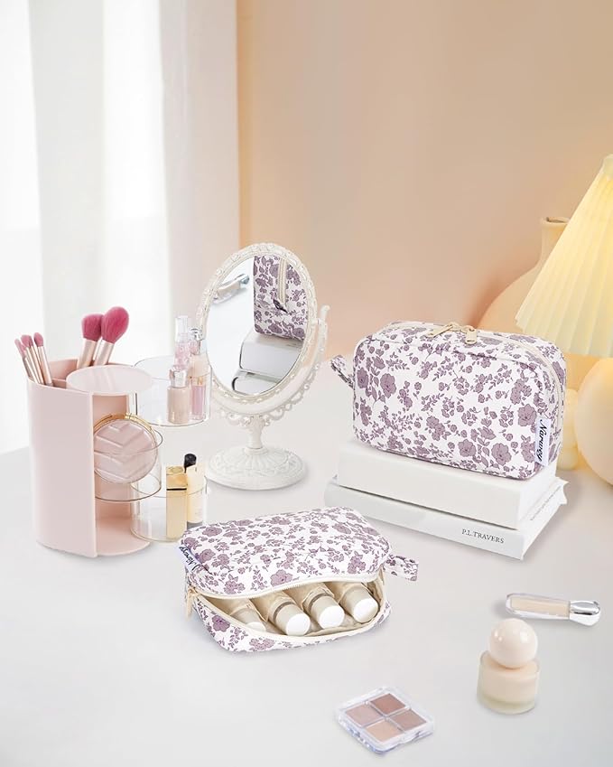 Narwey Small Makeup Bag for Purse Travel Makeup Pouch Mini Cosmetic Bag Zipper Pouch for Women (Dusty Pink Flower, Small)