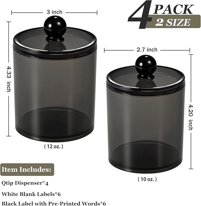SheeChung 4 Pack Qtip Holder, Cotton Round holder with Lids - (2) 12oz & (2) 10oz Qtip Jar - Shatterproof Bathroom Vanity Organizer for Cotton Swabs, Balls, Pads, Floss Picks (Black )
