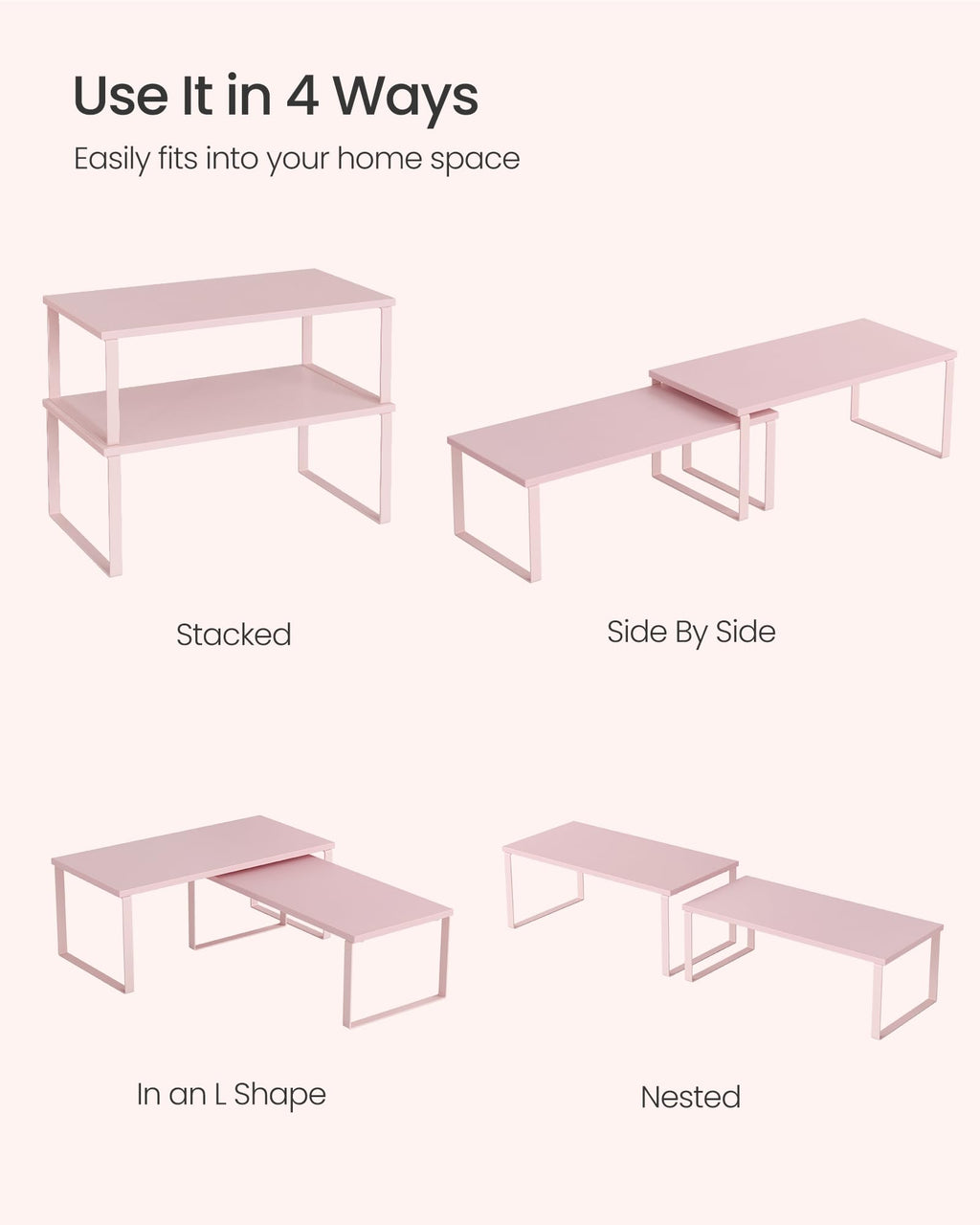 SONGMICS Cabinet Organizer Shelf, Set of 2 Kitchen Counter Shelves, Kitchen Storage, Spice Rack, Stackable, Expandable, Metal and Engineered Wood, 15.6 Inches, Jelly Pink UKCS025S01