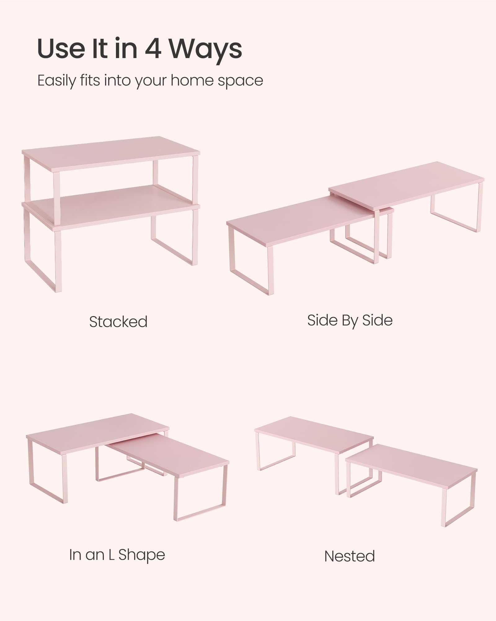 SONGMICS Cabinet Organizer Shelf, Set of 2 Kitchen Counter Shelves, Kitchen Storage, Spice Rack, Stackable, Expandable, Metal and Engineered Wood, 15.6 Inches, Jelly Pink UKCS025S01