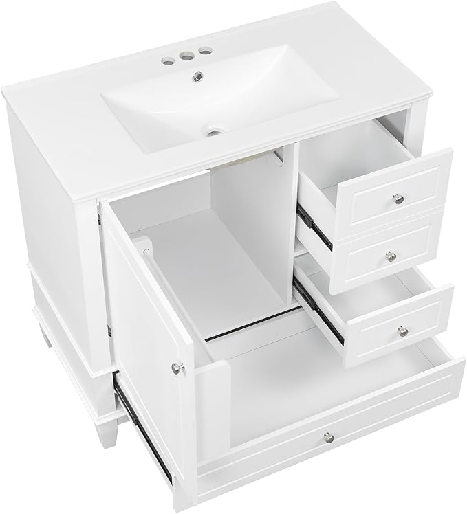 36" Bathroom Vanity with Sink, Harper & Bright Designs Free Standing Single Vanity Set with 3 Drawers and One Door with Storage Racks, Solid Wood Storage Cabinet with Ceramic Basin for Bathroom, White