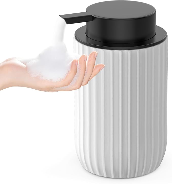POSOSTO Ceramic Foaming Hand Soap Dispenser，12 oz Bathroom Soap Dispensers， Lotion Dispenser for Kitchen, Refillable Matte Streaks Soap Dispenser with Large Pump (White)