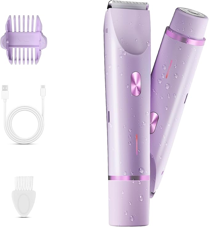 Bikini Trimmer for Women, 2 in 1 Electric Razor & Bikini Shaver for Womens IPX7 Waterproof Body Hair Trimmer and Facial Hair Remover,Purple