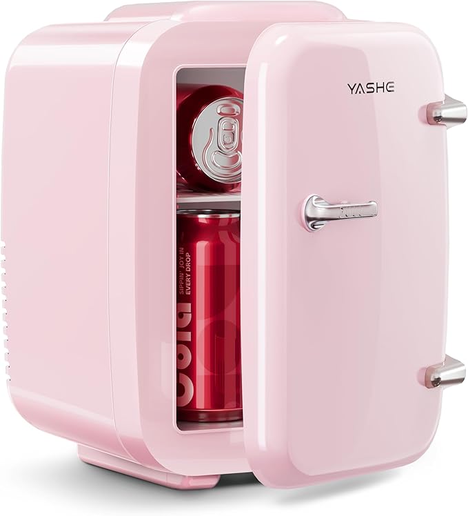 YASHE Mini Fridge, 4 Liter/6 Can Mini Makeup Fridge, 110V AC/ 12V DC Portable Thermoelectric Cooler&Warmer for Skincare, Drink, Cosmetic, Medicine, Small fridge for Bedroom, Office, Dorm, Car, Pink