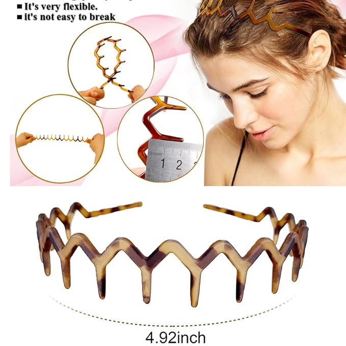 Vrose Flosi Zig Zag Headbands - Flexible Comb Headband for All Hair Types & Slicked Back Styles - No Headache Gentle Grip Wavy Hairband - Lightweight 90s Retro Hair Accessories Gifts for Women & Men