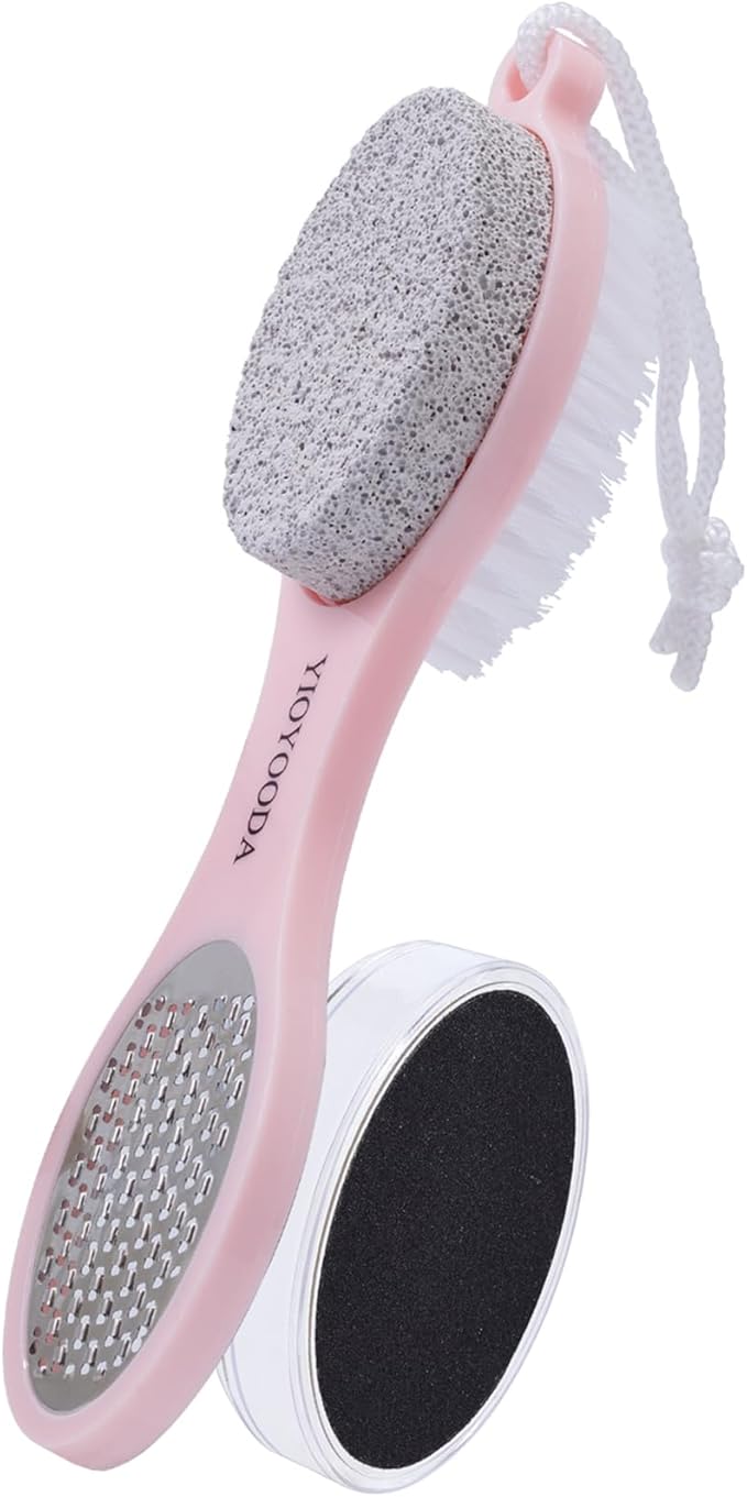 YIOYOODA Foot Scrubber Brush with Pumice Stone for Feet, 5-in-1 Foot File Callus Remover, Stainless Steel Feet Scraper, Cleaning Brush and Sand Paper Debris Catcher, Multi Purpose for Home Foot Care