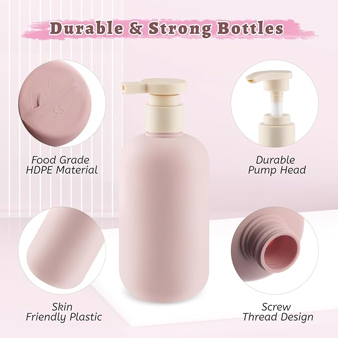 DMuuuDM 6 Pcs 10 oz Soft Plastic Bottles with Press Pump,Empty Refillable Travel Shampoo Dispenser Container for Hand Soap,Shampoo,Lotion,Body Wash,Conditioner,Silicone Funnel Included (Pink)