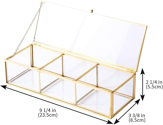 Utopz Vintage Golden Glass Lidded Box Clear Glass & Brass Metal Storage Jewelry and Cosmetic Makeup Organizer with Lid Beauty Display, Rectangle with 3 Compartment
