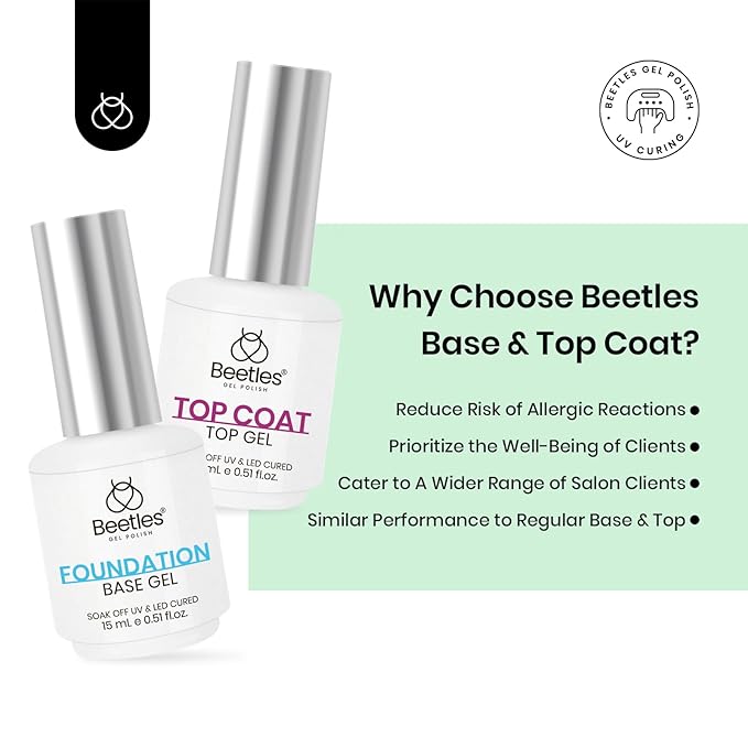 Beetles 2Pcs HEMA Free Base and Top Coat Set, No Wipe Glossy Finish, Upgraded Mild Formula, Long Lasting Soak Off Gel Nail Polish, No More Damaged Nails