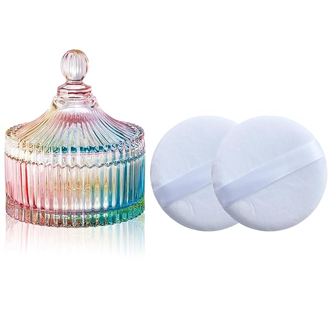 Qopoto Body Powder Puff and Container, Glass Box for Dust Puff, Powder applicator with Case for Dusting powder (colorful)