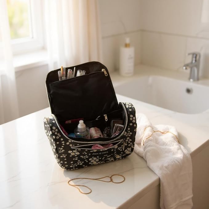 Emma & Chloe Large Cosmetic Case Makeup Organizer, Toiletry Bag for Women | 4 Section Waterproof Travel Make Up Organizing Bags (Delightful Daisies)