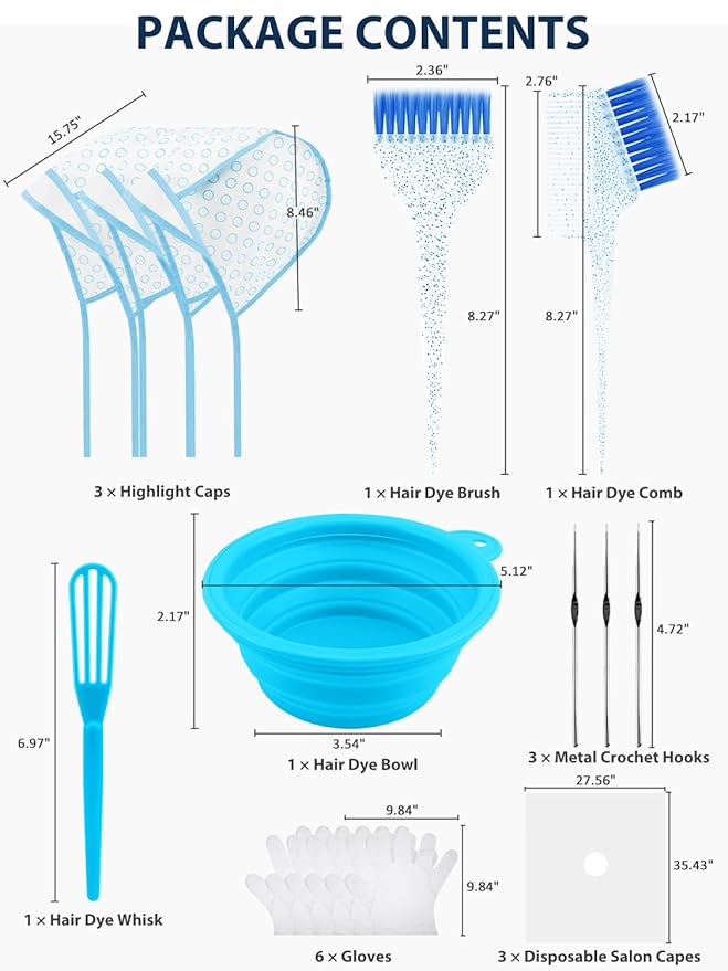 YOOVR 19PCS Hair Bleach Highlighting Kit with Hair Dye Brush and Bowl Set Color Whisk, Highlight Frosting Cap with Hook, Gloves Capes, Home Use Salon Tools for Hair Bleaching Coloring Dying (Blue)