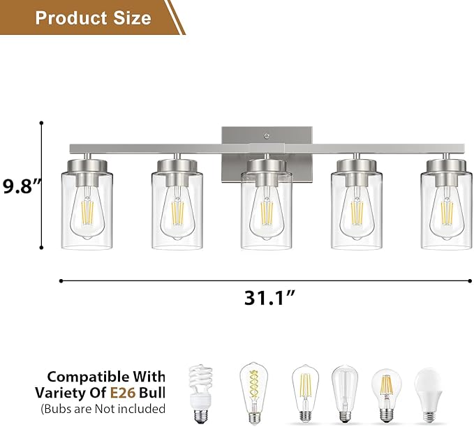 IZORRO Modern Bathroom Light Fixtures, 5 Light Brushed Nickel Vanity Lights, Bathroom Lighting Fixtures Over Mirror with Clear Glass for Living Room Cabinet Bedroom