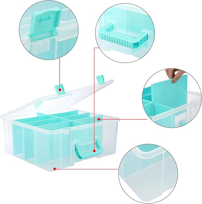 BTSKY Clear Plastic Dividing Storage Box with 8 Deep Compartments Adjustable Storage Bin with Lid Portable Craft Storage Container Multipurpose Sewing Box Art Supply Organizer, 15.1x13.9x6.1 Inches
