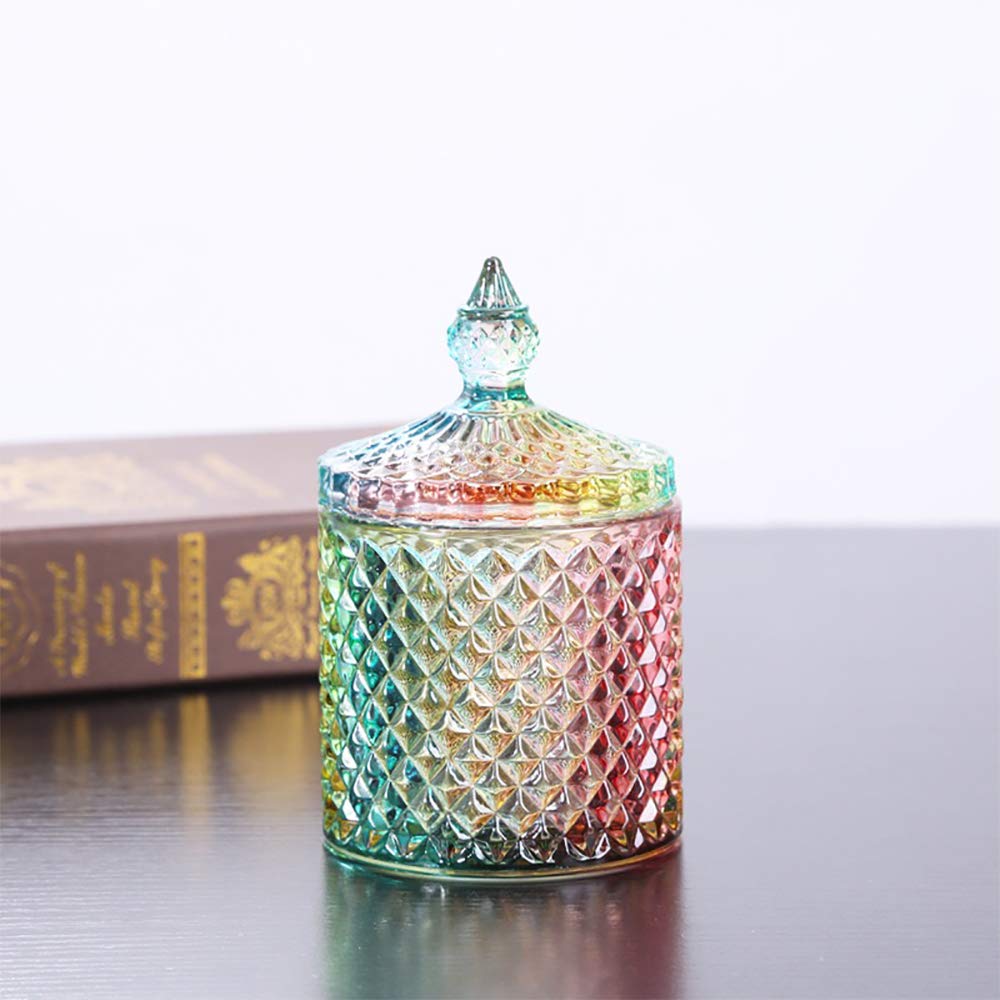 CLOVERHOME Colorful Home Decorative Jar Qtips Holder Dispenser Glass Storage Container Bathroom Counter Vanity Organizer for Bath Salts/Swabs/Rounds Makeup Sponges Toothpick Jewelry(Rainbow, 10 oz)